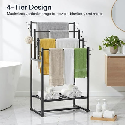 HOOBRO 4-Tier Free Standing Towel Rack for Bathroom, Blanket Rack Stand, 23.6" L x 15.9" W x 40.7" H, Freestanding Quilt Stand, Blanket Display Holder for Bedroom, Industrial Style, Black BK07LB01
