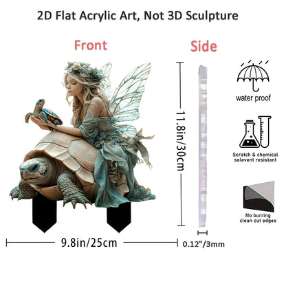 ANNUOZE Fairy Garden Stake Decor, 2D Flat Acrylic Fairy Garden Decor Panel, Elf Yard Sign for Outdoor Indoor Yard Lawn Plants Pots, Fairy Garden Accessories (Fairy and Turtle)