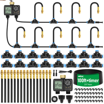 MIXC Drip Irrigation System with Timer,1/4" 100Ft Automatic Garden Watering Kit with 16pcs 360°Adjustable Brass Nozzles & Bendable Rod,for Outdoor Plants,Lawn,Raised Bed,Potted Plant,Yard,Greenhouse