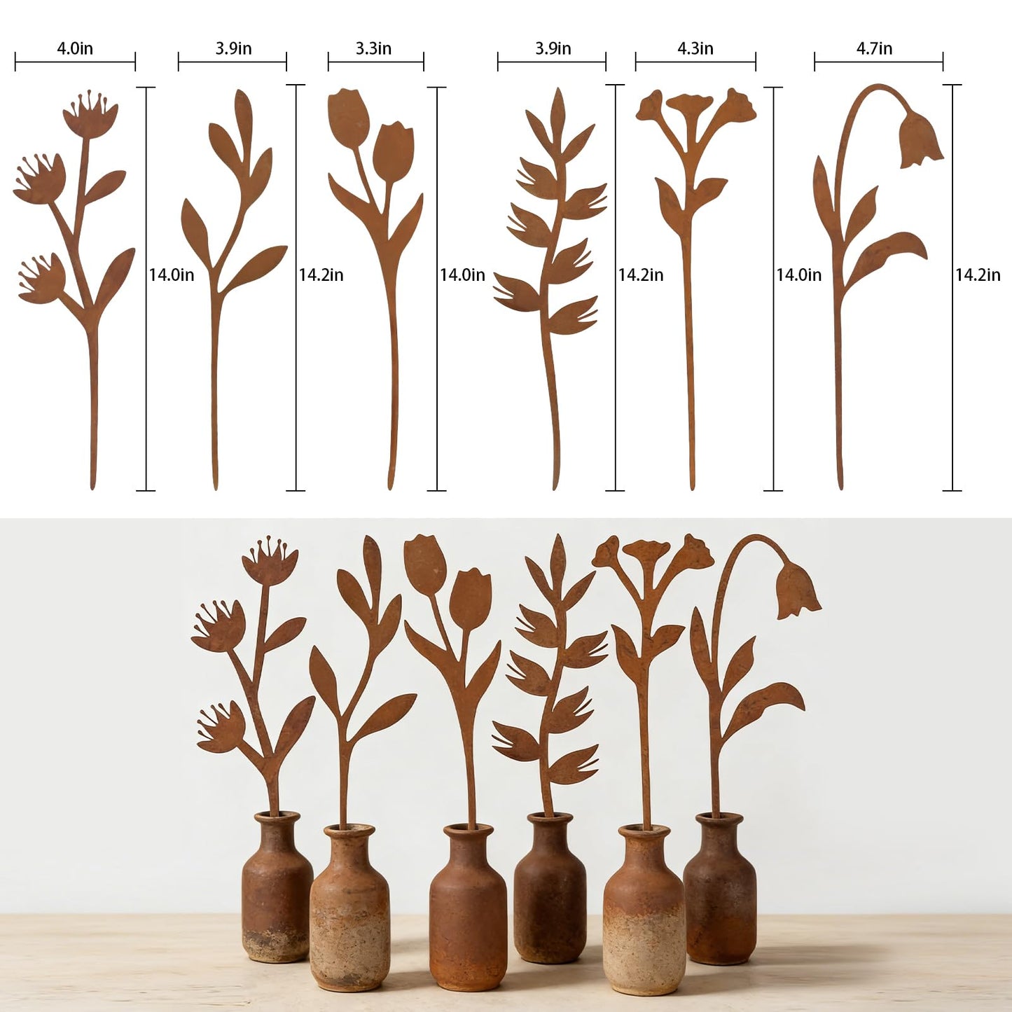 hogardeck Garden Decor for Outside, 6 Pcs Rusty Metal Flower Garden Stakes with Fern Leaf Design for Outdoor Yard Art, Rustic Plant Stakes for Flower Bed, Pot, Vase
