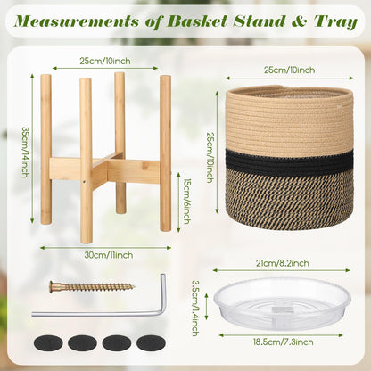 Sunnychicc Plant Basket with Stand Indoor Planter Pot Holder Sturdy Jute Rope Modern Woven Basket, Cotton Rope Woven Pot with Bamboo Stand(10 Inch,Black and Beige Stripes)