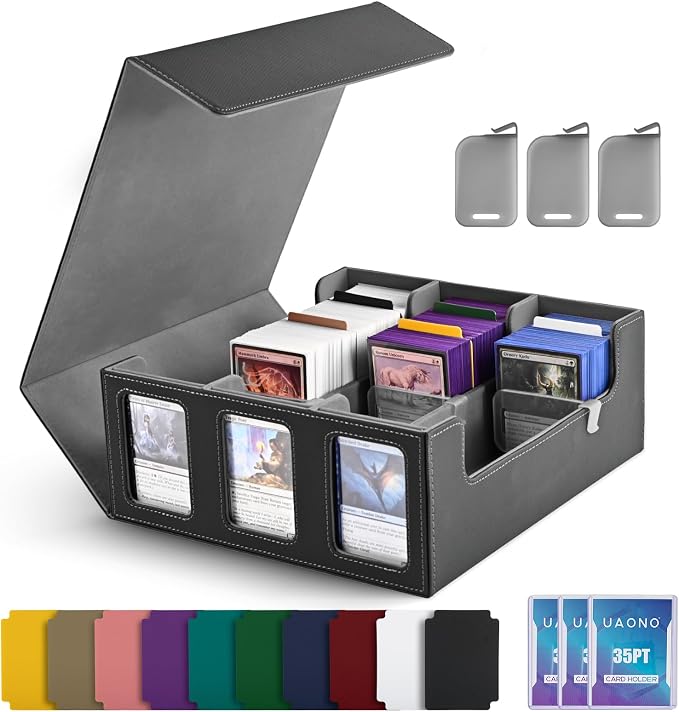 UAONO Card Storage Box for Trading Cards, 1800+ Commander Deck Box for MTG with Display Window, Toploader Card Case fits Magic TCG PTCG Sports Cards; 10 Removable Divider Tabs, 3 Stoppers (Black)