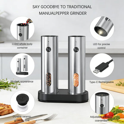 Rechargeable Salt and Pepper Grinder Set,Automatic Rechargeable, LED Light, External Adjustable Coarseness, Upgrade Large Capacity, Rechargeable Base Kitchen, Dining & BBQ, Gifts for Women Mom(Silver)