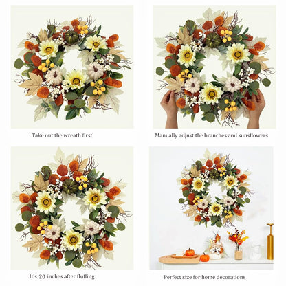 20 Inch Fall Sunflower Wreath for Front Door, Artificial Autumn Wreath with Pumpkins, Berries, White Sunflowers and Silk Leaves for Thanksgiving Farmhouse Home Window Wall Office Indoor Outdoor Decor