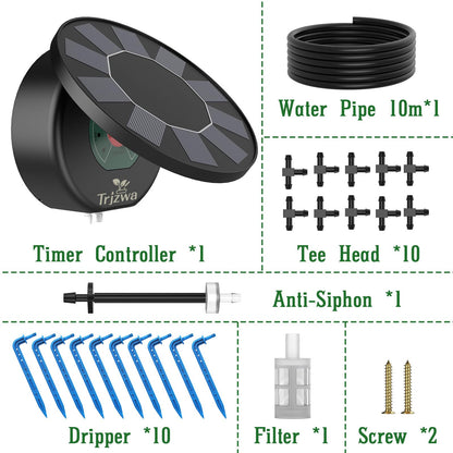 TRJZWA Solar Automatic Drip Irrigation System Kit, Auto Watering Kit for DIY Garden Watering System with 9 Timing Modes and Anti-Siphon Set，Indoor/Outdoor Garden, Balcony & Patio Irrigation System