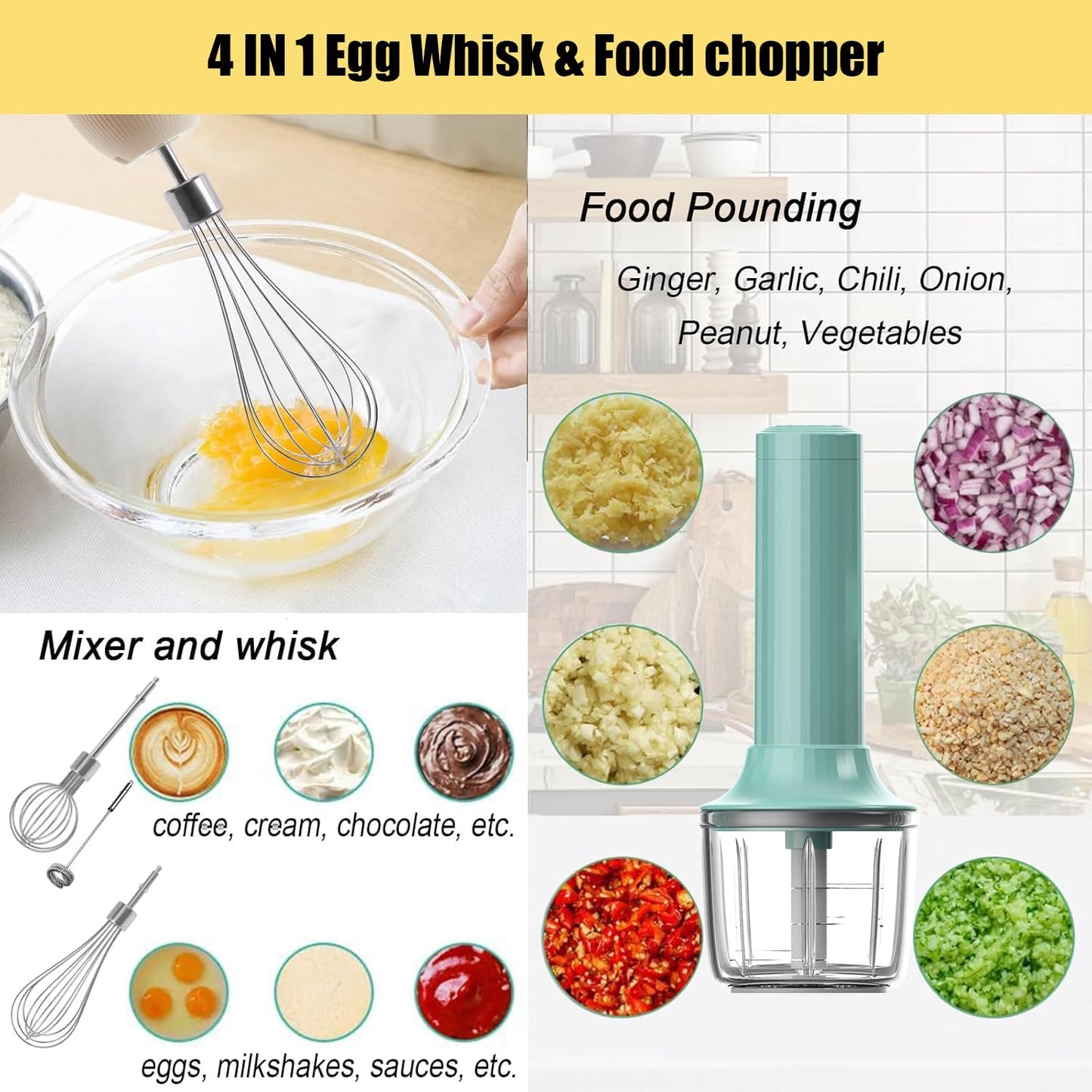 4-in-1 Electric Hand Mixer, Electric Whisk, Mini Onion Chopper 10Oz, Small Cordless Hand Blender, Milk Frother Wand for Coffee, Matcha, 4 Speed Rechargeable Food Processor for Baby Food Maker