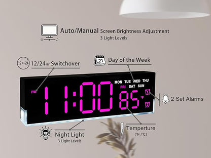 7-Inch Modern LED Digital Alarm Clock with Dual Alarms & Soft Bottom Light｜Displays Time, Date, Day, Temperature｜3-Level Auto/Manual Brightness, DST, USB or Battery Powered Desk Clock,Rose-Red
