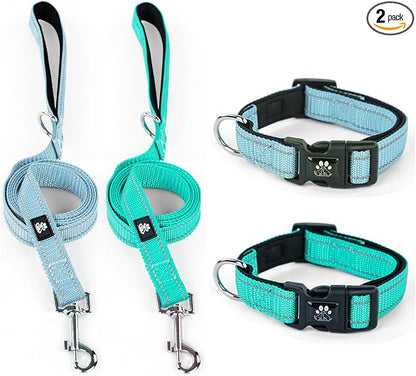 IVY&LANE 2 Pack Reflective Dog Collars and Leashs Set,Adjustable Neoprene Padded Dog Collar for Puppy, Breathable Nylon Pet Collar for Small Medium Large Dogs(Small,Blue+Teal)