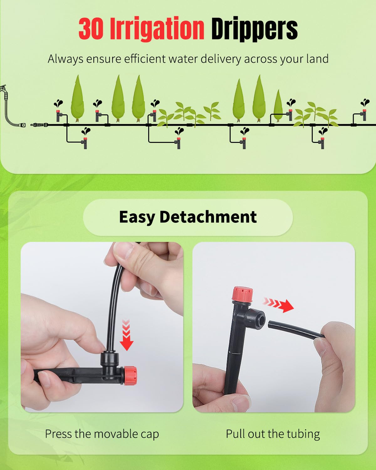 Pawfly 60 Pcs Push-to-Fit Drip Irrigation Emitters for 1/4 Inch Tubing, Drip Emitters Sprinklers with Stake & 8 Holes, Drip Irrigation System Parts with Adjustable Water Flow Irrigation Drippers, Red
