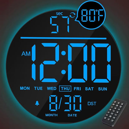 JALL 10" Large Digital Wall Clock with Seconds, Alarm Countdown Timer, Big LED Display, RGB Color, DST, Temperature, Mounted for Bedroom Living Room Office Classroom Gym, Xmas Birthday Gift, Blue