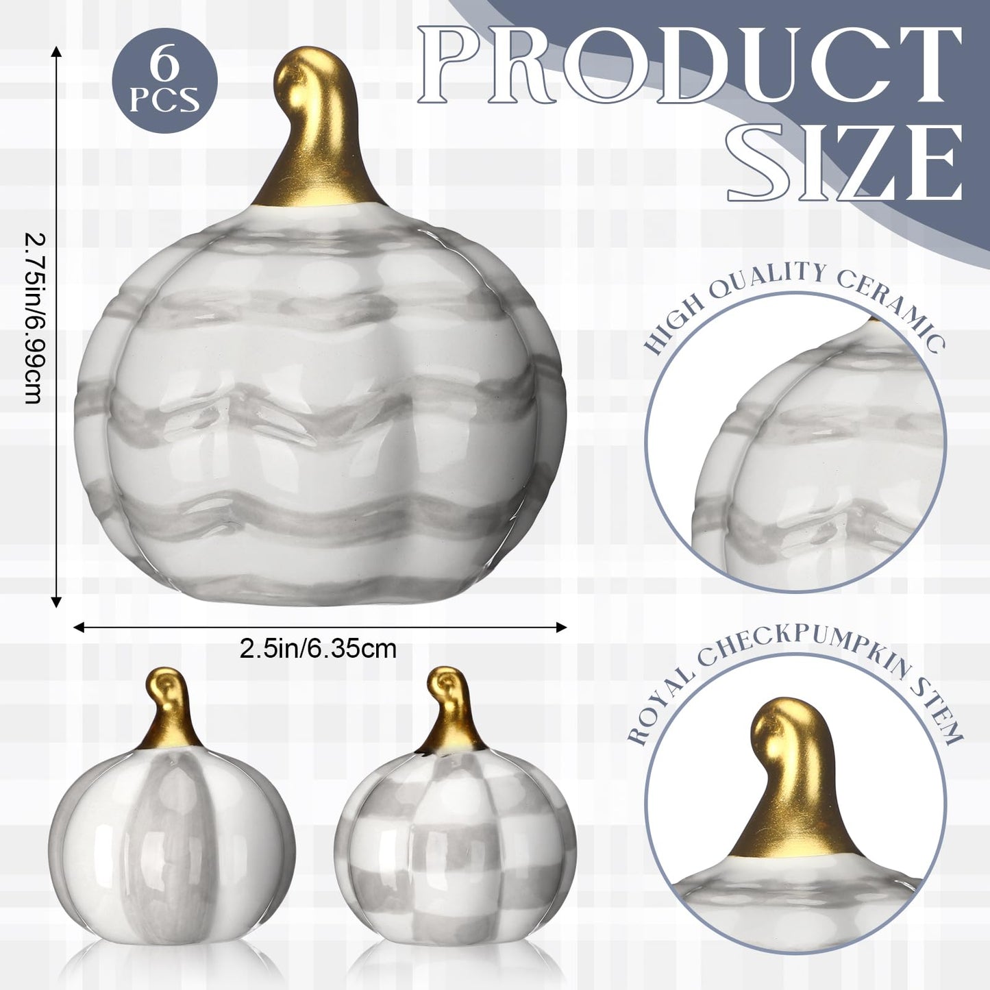DoubleFill 6 Pcs Gray and White Check Ceramic Pumpkins Fall Farmhouse Table Centerpiece Porcelain Pumpkin Tiered Tray and Mantel Ornaments for Indoor Thanksgiving Autumn Decor
