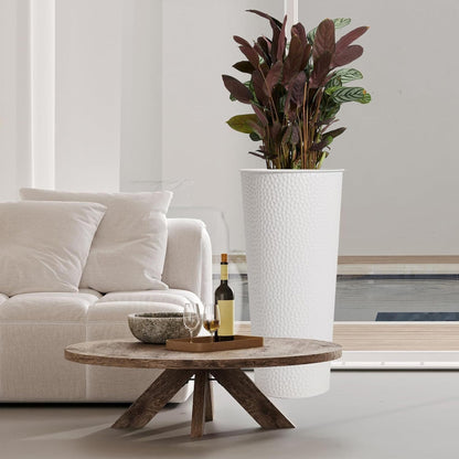 Worth 2 Pack 28" Tall Narrow Metal Planter with Inside Pot for Indoors or Outdoors, Deck, Patio or Front Porch, Hand-Hammered Texture, White