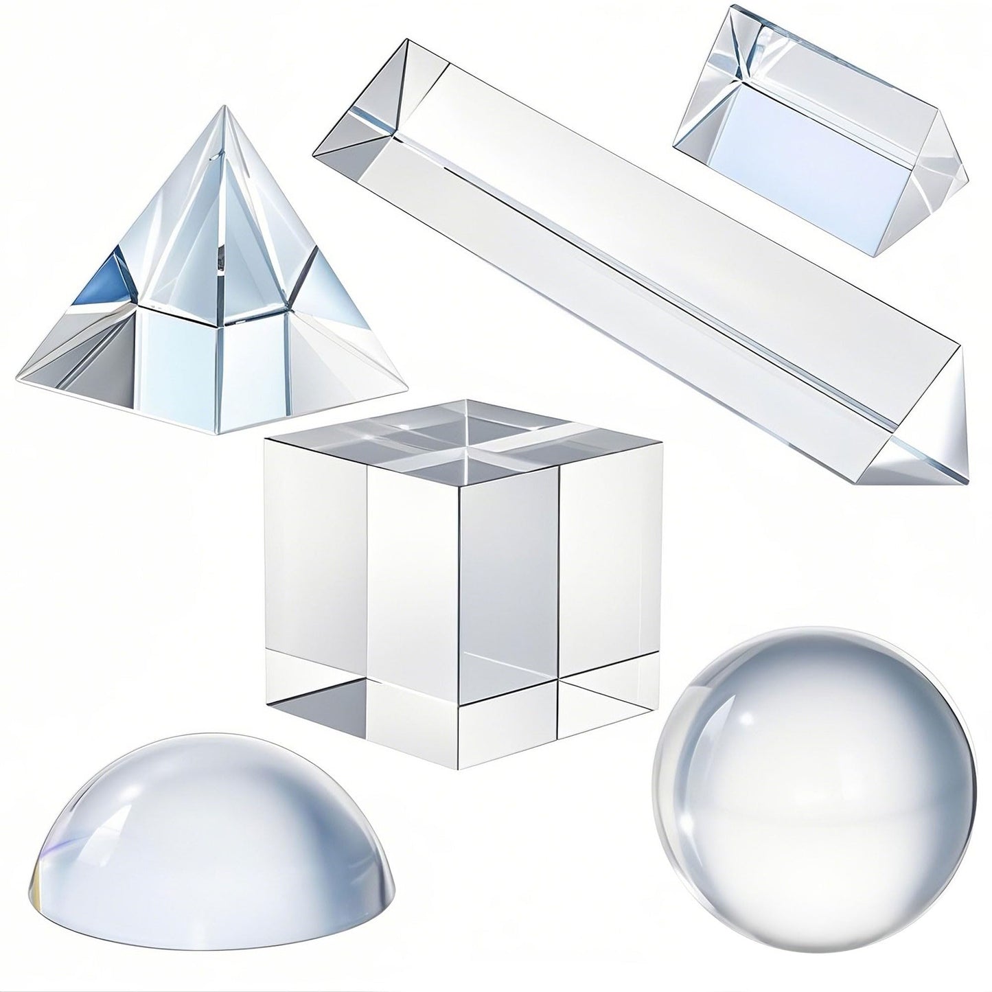 QFkris 6 Pack K9 Optical Crystal Photography Prism Set, Include 50mm Crystal Ball, Cube,Optical Pyramid, 50mm & 150mm Triangular Prism,60mm Dome Magnifying with Cloth for Teaching, Playing