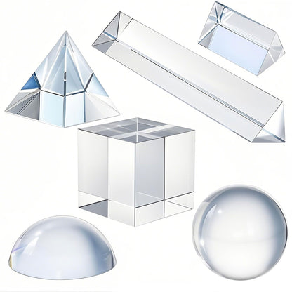 QFkris 6 Pack K9 Optical Crystal Photography Prism Set, Include 50mm Crystal Ball, Cube,Optical Pyramid, 50mm & 150mm Triangular Prism,60mm Dome Magnifying with Cloth for Teaching, Playing