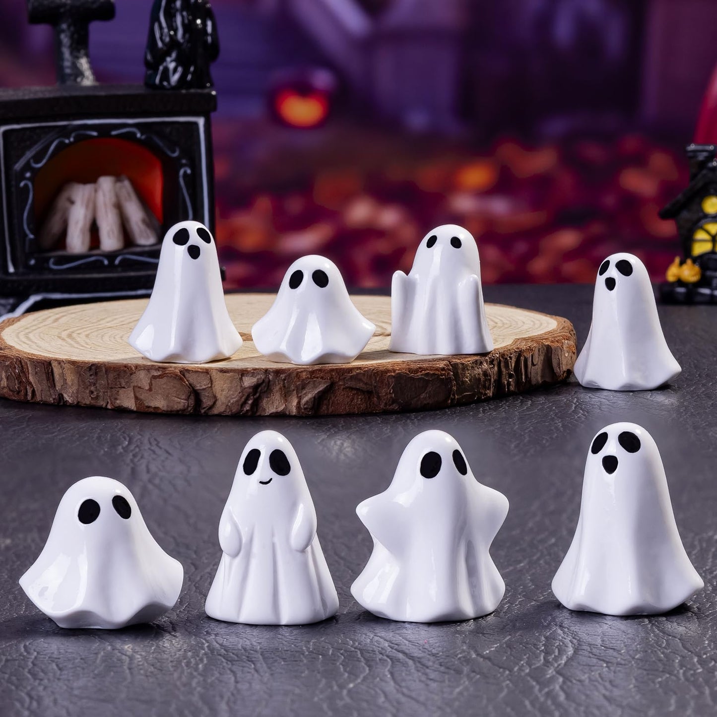 dsooldre 50Pcs Mini Resin Ghost Figurines,Cute Halloween Decorations,Tiny Ghosts for Vase Filler,Tiered Tray,Table Centerpiece & Party Favors (Miniature Home Decor) (50Pc Resin Ghost)