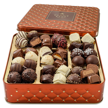 Chocolate Gift Basket, Belgium Truffle Candy Food Arrangement Platter, Gourmet Snack Box, Fathers Day, Corporate Him and Her, Men Women Family Parties, Bonnie and Pop