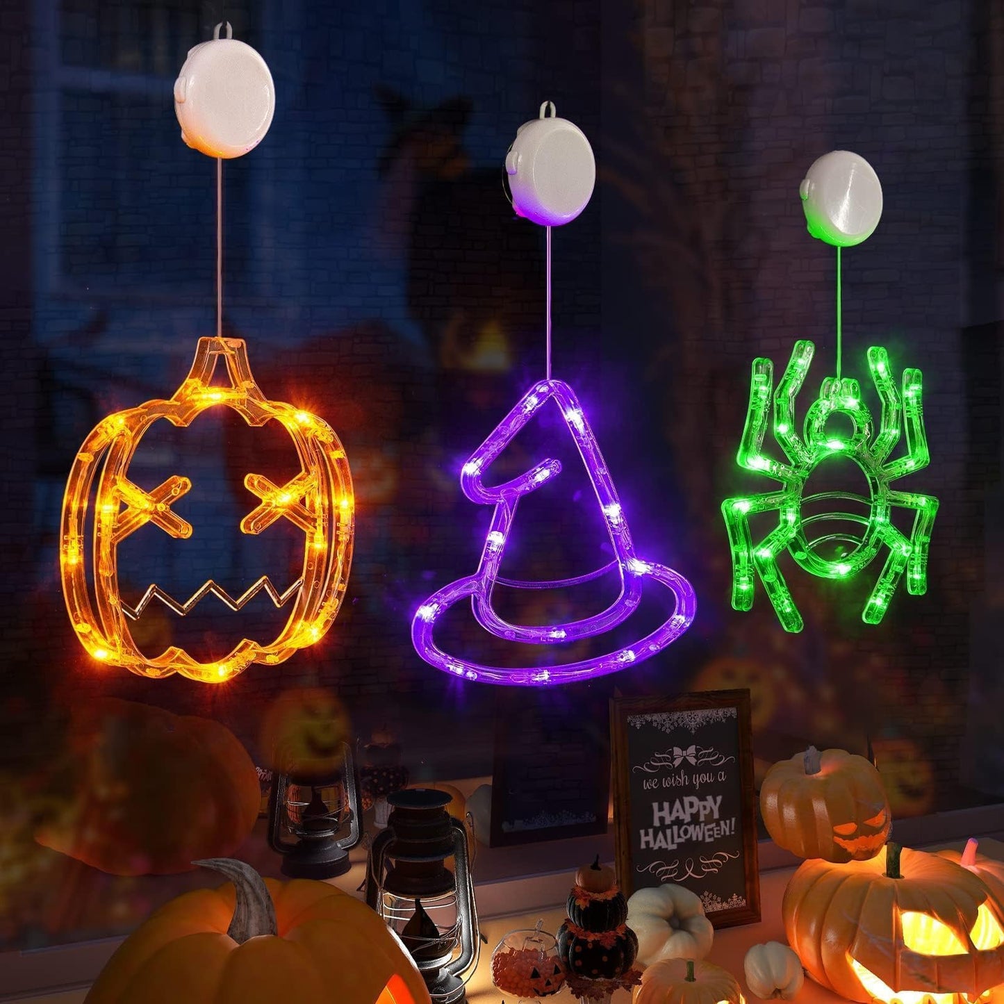 LOLStar Halloween Window Lights, 3 Pack Pumpkin, Spider, Witch Hat Lights