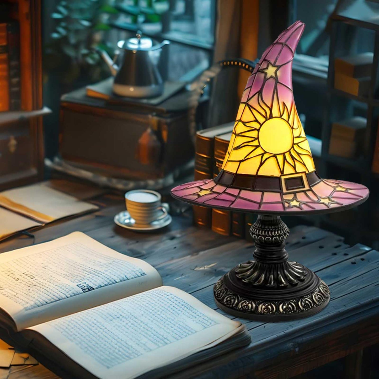Loisdaro Witch Hat Lamps - Handcrafted Stained Gothic Wizard Hat Lights for Decor,Light with Glow-in-The-Dark Figurine for Bedroom， Mystical Bedroom Ambiance & Wiccan Gifts