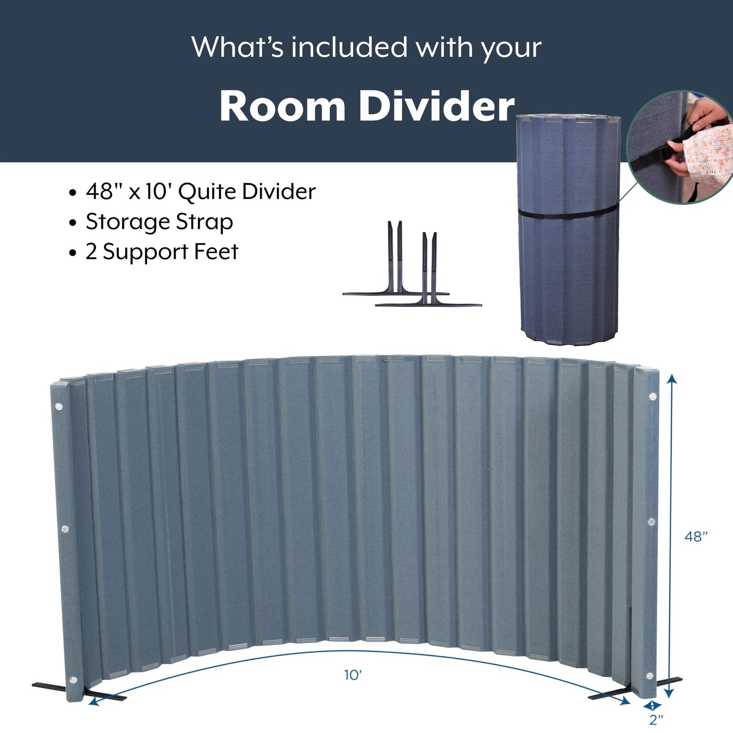 Angeles 48" x 10' Quiet Divider With Sound Dampening Panels, Freestanding Room Divider Wall, Gray