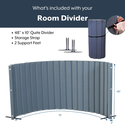 Angeles 48" x 10' Quiet Divider With Sound Dampening Panels, Freestanding Room Divider Wall, Gray