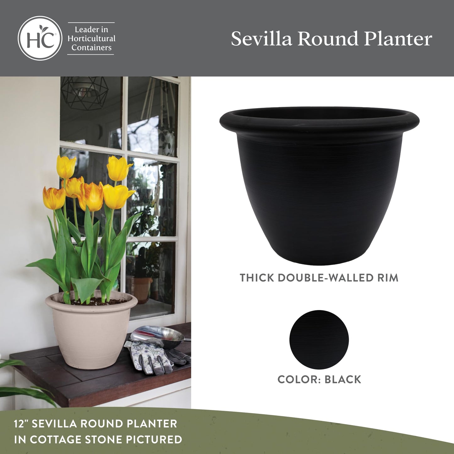The HC Companies Sevilla Flower Planters - Durable Outdoor & Indoor Planter - Round Lightweight Self Watering Plant Pots for Herbs & More (14" Black, Pack of 1)