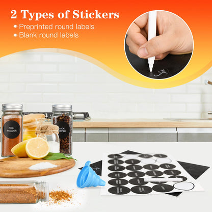 DkOvn 12pcs Glass Spice Jars, 4oz Empty Spice Jars with Metal Caps, Labels, Shaker Lids, Collapsible Funnel, Chalk Pen, Seasoning Organizer for Spice Rack