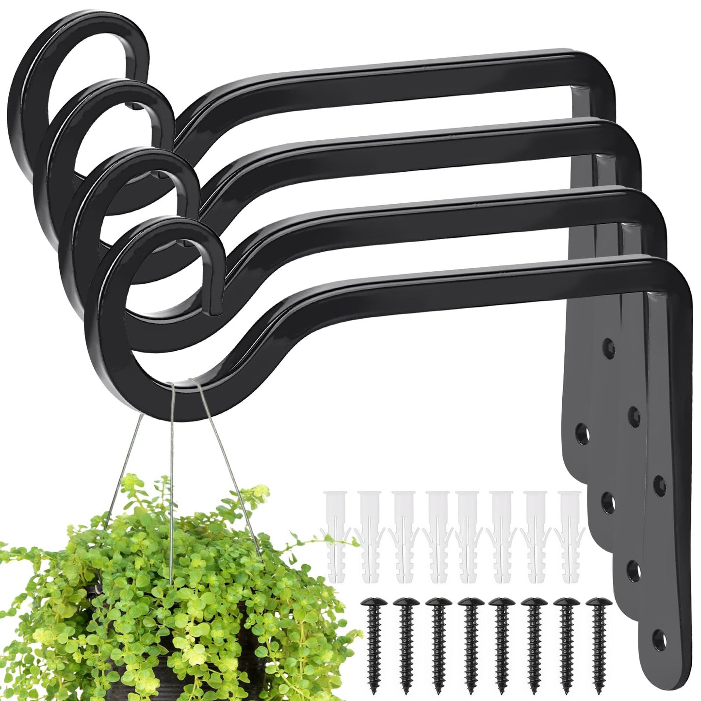 MOWPOG Plant Hangers Outdoor, 4 Pack 6 Inch Hanging Plants Bracket, Metal Hanging Hooks, Wall Hooks for Bird Feeder, Flower Basket, Wind Chimes, Indoor Outdoor (Black)