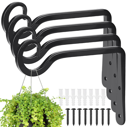 MOWPOG Plant Hangers Outdoor, 4 Pack 6 Inch Hanging Plants Bracket, Metal Hanging Hooks, Wall Hooks for Bird Feeder, Flower Basket, Wind Chimes, Indoor Outdoor (Black)