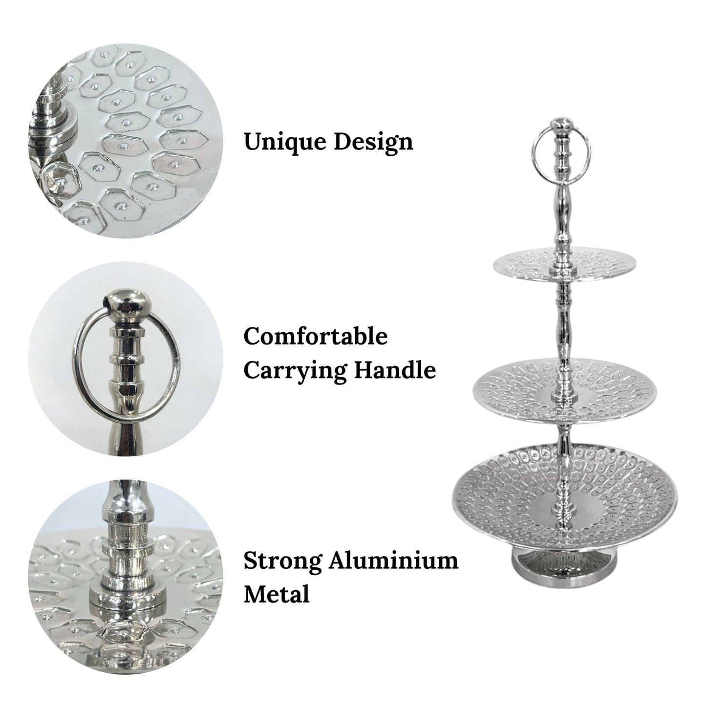 Rely+ Dessert Cupcake Stand 3-Tiered Serving Tray 20" Tall 3 Tier Fruits and Cup Cake Stand for Tea Party Birthday Holiday Gatherings Weddings Baby Showers Silver Finish Sturdy Design (Hexagonal)