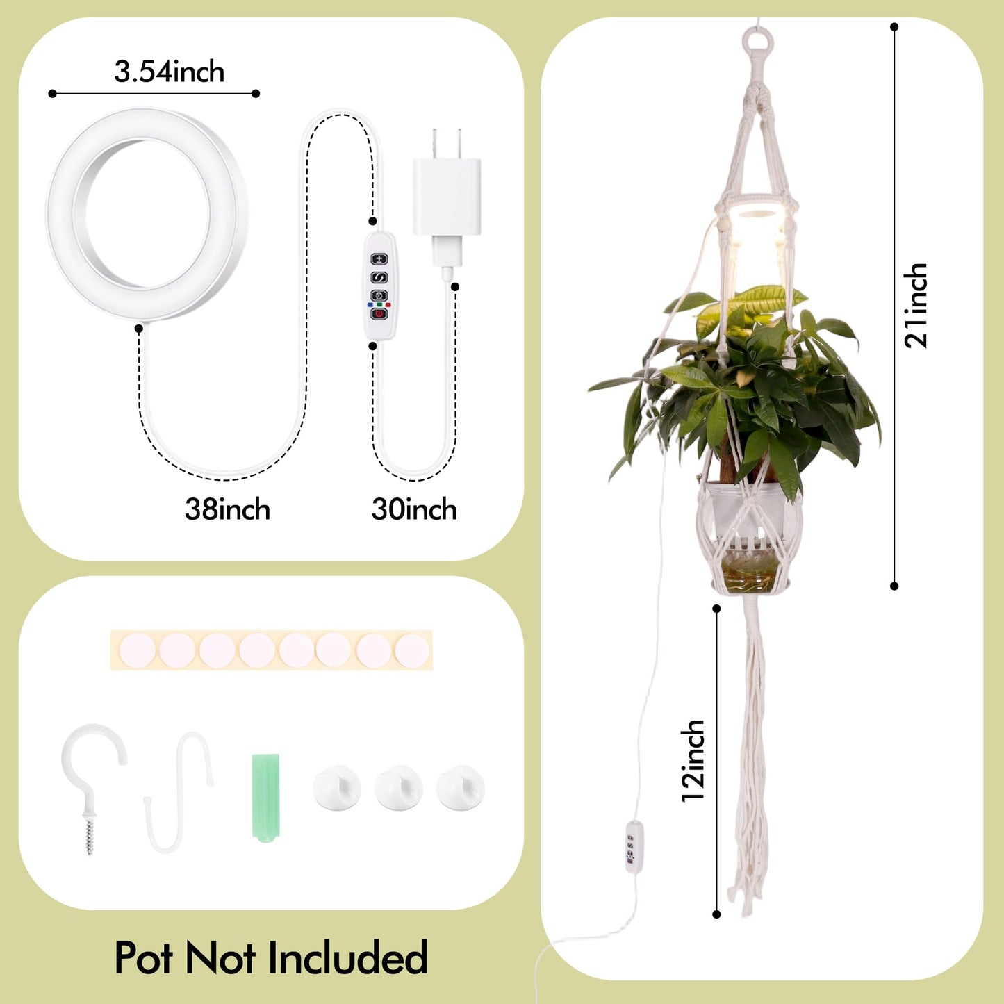 Lazukes Hanging Plant Grow Lights for Indoor Plants with Timer, Wall Mounted Full Spectrum Pendant Growing Light with Macrame Plant Hanger, Ceiling LED Planta Luz for Potted Plants Home Decor