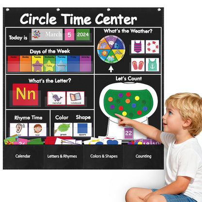 Circle Time Learning Center Pocket Chart, Calendar for Classroom, Educational Pocket Chart Learning Calendar Weather Letter Counting Rhyme Color Shape(Black)