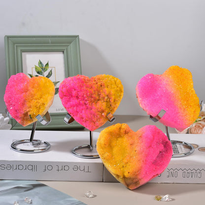 JIC Gem Pink Yellow Titanium Coated Large Heart Crystal Cluster Geode Healing Crystals Heart Shaped Rocks with Crystal Display Stand Home Decor Reiki Meditation 3.14-3.54 inch