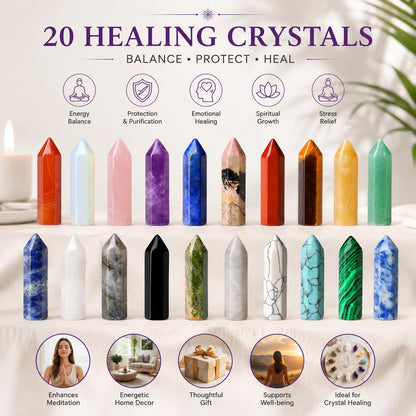 QINJIEJIE 20 PCS Healing Crystals Stones Sets Wands Bulk Natural Pocket Amethyst Crystal Rose Quartz Assorted Pointed Reiki Gemstones Polished Energy Meditation Chakra Mother's Day Gifts for Women