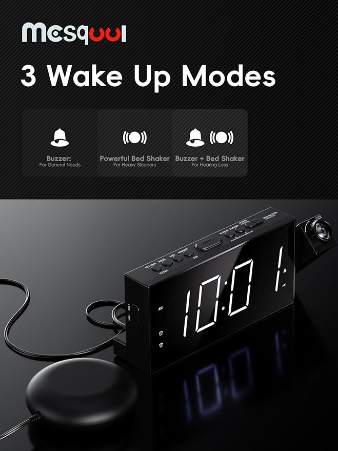 Mesqool Projection Alarm Clock with Bed Shaker, Dual Alarms, 180° Projector, 5-Level Dimmer, USB Phone Charger, Battery Backup, Loud Vibrating Alarm Clock for Heavy Sleepers, Snooze, DST