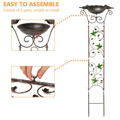 Garden Trellis Bird Bath Outdoor, 43.5 Inch Antique Iron Garden Plant Trellis Decorative with Hummingbirds and Detachable Drinking Basin Bowl, Free Standing BirdBath Birdfeeder Station
