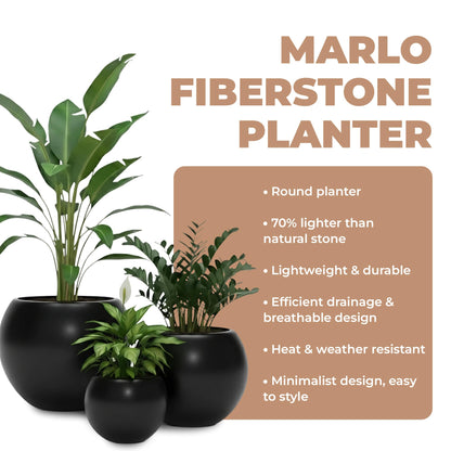 DEPLA LANE Marlo Fiberstone Round Planter (8.5" Pot Opening x 12.6" D x 9.8" H) Smooth Finishes, Lightweight, Durable, UV Resistant, Modern Minimalist Home Decor, Indoor Outdoor Plant Pot (S, Black)