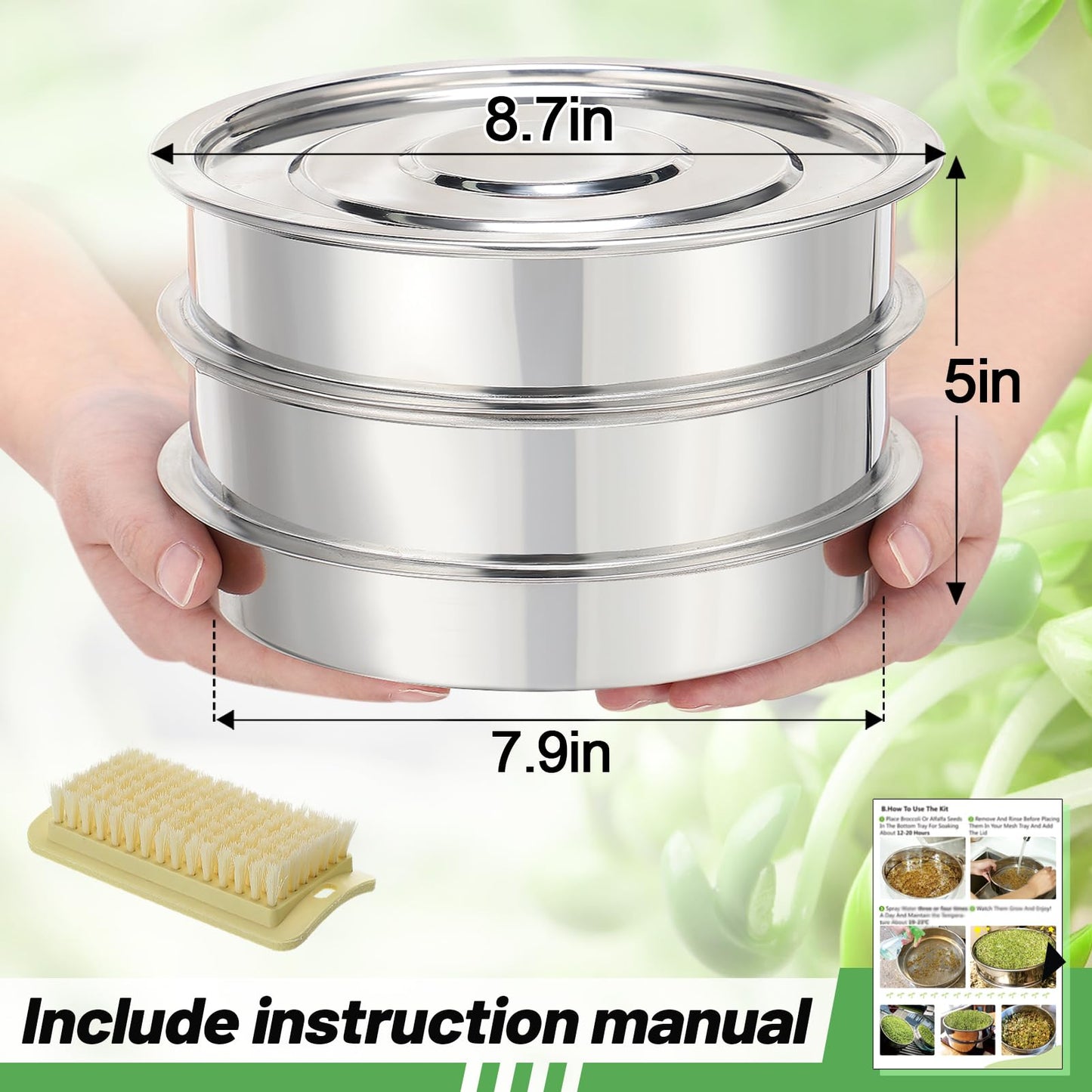 Aulock Stainless Steel Seed Sprouting Kit - 3-Tier Microgreens Growing Tray 7.9 in Dia, Stackable Round Sprouter Maker with Encrypted Mesh, Sprouts Grower for Beans Broccoli Alfalfa Seeds Wheat Grass
