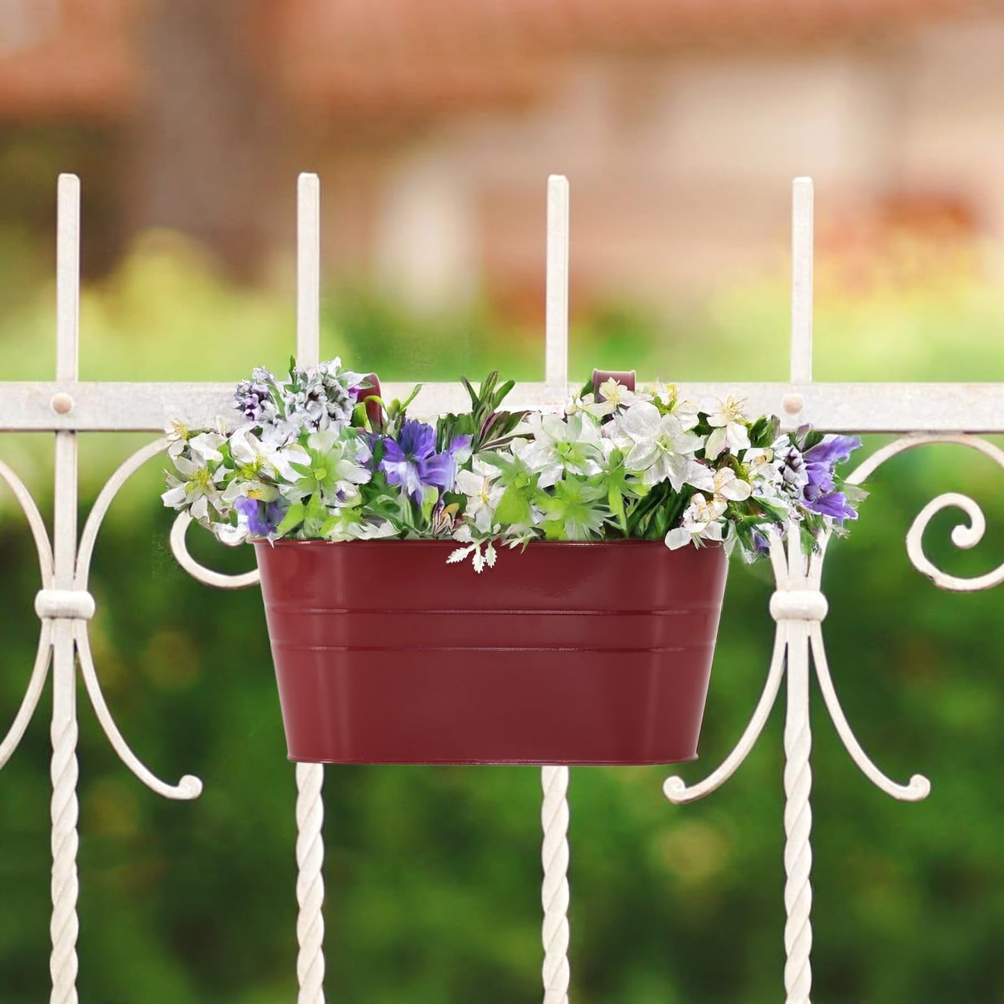 Meltset M 3 Pack Metal Railing Planters, 10.5" Oval Hanging Flower Pots with Detachable Hooks & Drainage Holes, Fits Rails up to 2.36", Galvanized Iron Fence Bucket for Balcony Garden Patio - Red