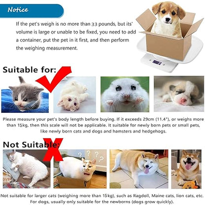 Newborn Kitten & Puppy Weight Scale, Multifunctional Digital Pet Scale, LCD Electronic Small Animal Food Scale, Weighing Max 33lbs, Tray Size 12" x 8", Not for Adult Cats/Dogs (White)