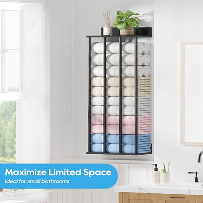 Towel Racks for Bathroom Wall Mounted, Updated 4 Bar Wall Towel Holder | Large Bathroom Towel Storage Rack for Rolled Towels, Modern Metal Towel Organizer Shelf with Wooden Storage Shelf