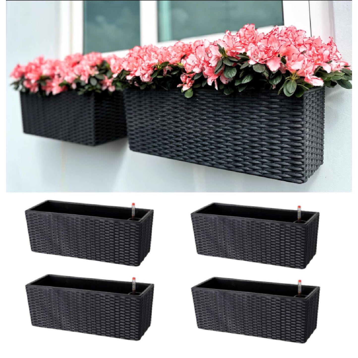 LaLaGreen Outdoor Wall Planters (20 Inch, 4 Pack) Wall Mounted Self Watering System Window Flower Boxes with Bracket, White Rectangular Plant Pot Container Indoor Modern Garden Herb Kitchen Home Decor