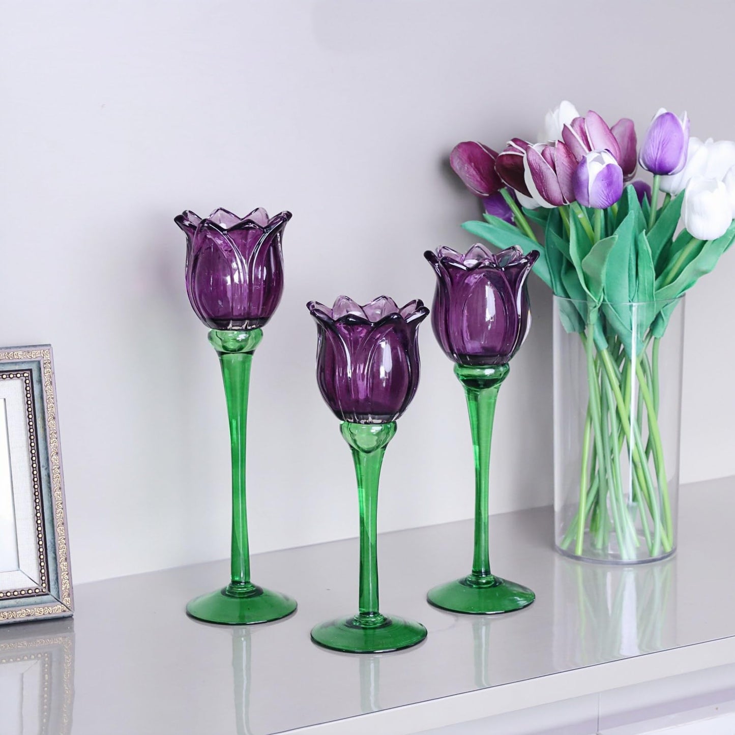 VOHO Purple Tulip Tealight Candle Holder Set of 3, Glass, Purple, Floral, Holidays, Wedding, Romance, Easter, Halloween, Thanksgiving, Christmas, Anniversary & Engagement, Tabletop, 3.15'' x 10.83''
