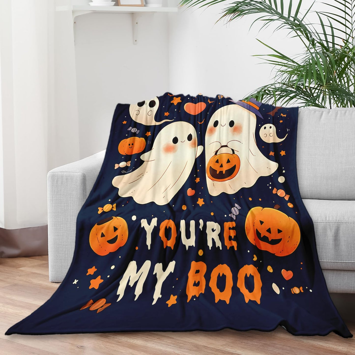 60×50 Halloween Throw Blanket for Women Men, Summerween Couple Boo Throw Blanket, Halloween Fall Flannel Blankets Hallo-Ween Boo Basket Stuffers for Him Her National Boyfriend Day Sofa Blankets