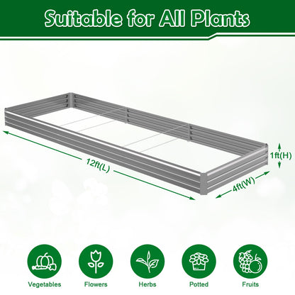 Tegarbed 12x4x1FT Galvanized Raised Garden Bed Outdoor Patio, Large Rectangular Metal Planter Boxes,Plant Container Kit for Gardening, Vegetables, Flowers, Herbs,Silver,1 Pack