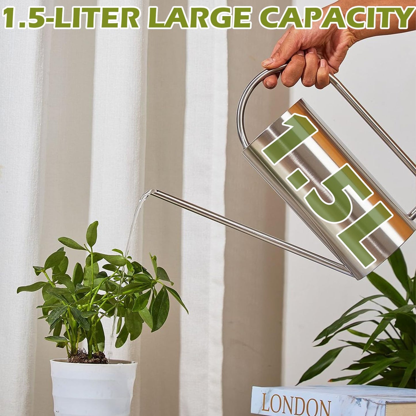 HomDSim Watering Can Outdoor, 50 oz/1.5L Watering Can with Long Spout and Handle, Stainless Steel Garden Watering Pot for Outdoor and Indoor Plants