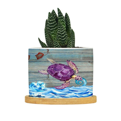 DreamAutumn Ocean Theme Sea Turtle Planter Ceramic Round Plant Pots with Drainage Holes and Bamboo Tray Planting Small Flower Pots for Home Windowsill Desk Garden Indoor Outdoor Use