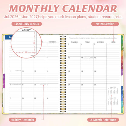 Teacher Planner 2026-2027 Academic Year, Jul.2026 - Jun.2027, 8.5" x 11" Lesson Planner Book for Teachers, Teacher Planners with Colorful Monthly Tabs, Hardcover- Pink
