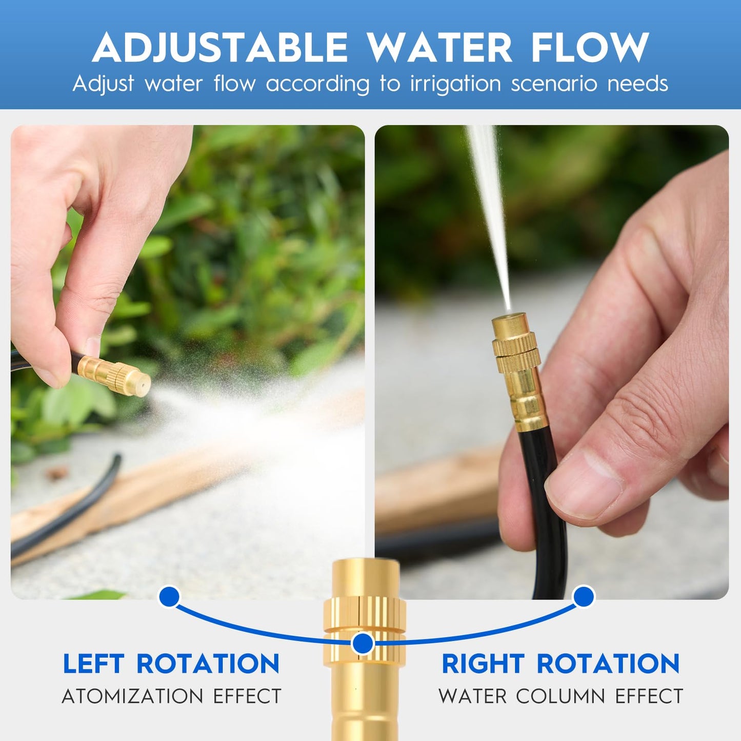 360° Automatic Drip Irrigation Kit - 5/16'' Tubing, Adjustable Universal Spray Nozzle, Copper Atomizing System for Garden/Lawn/Greenhouse - Multi-Directional Rotation, Quick Connectors, 65FT