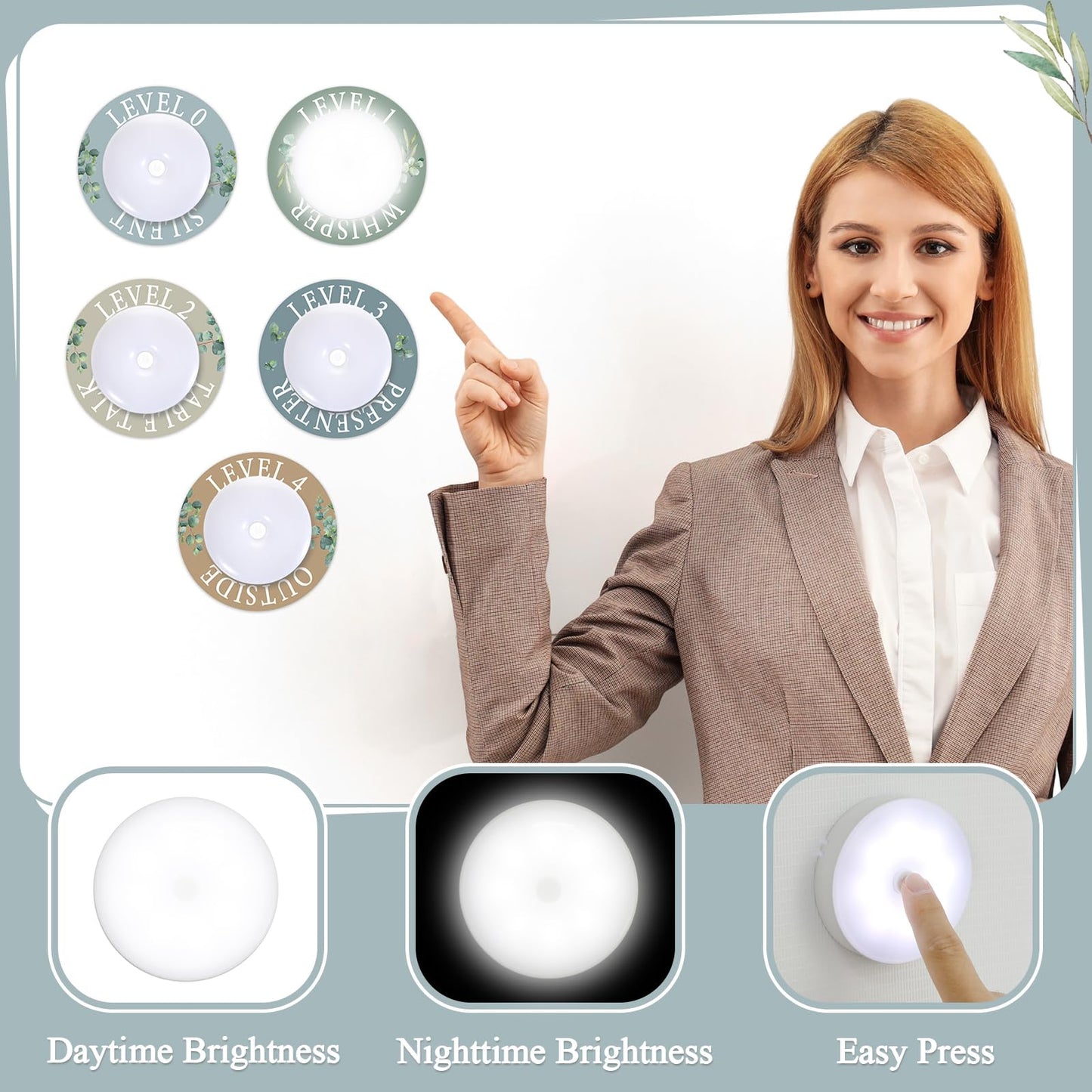 5 Pcs School Push Light and Voice Level Poster Voice Level Chart Monitor Rules Sign LED Tap Light Classroom Rules Poster Noise Chart Classroom Management Tools for Teachers（Eucalyptus Style）
