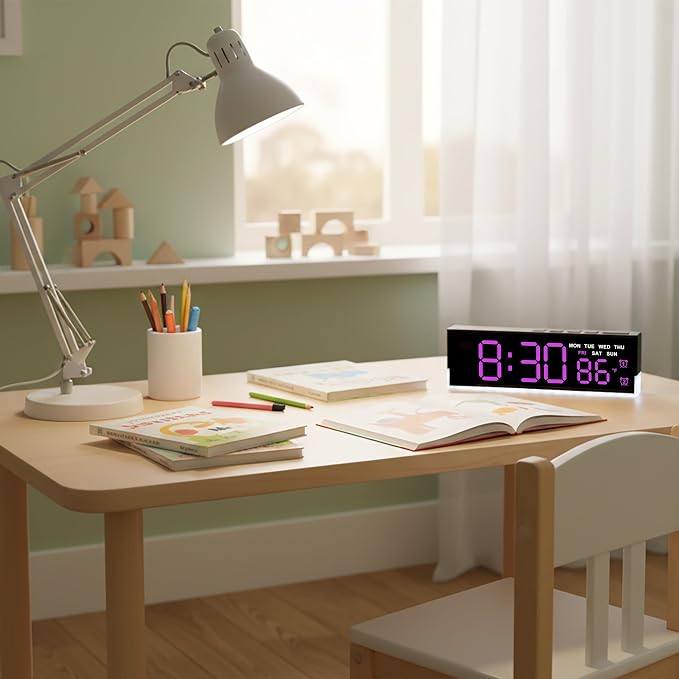 JENLYSTIME 7 Inch LED Digital Alarm Clock with Dual Alarms & Bottom Glow｜Displays Time, Date, Day, Temperature ｜3-Level Auto/Manual Brightness, DST, USB or Battery Powered Modern Desk Clock(Rose Red)